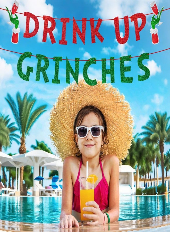 Lukinuo Drink Up Christmas Decorations Red Green Glittery Xmas Banner Green Monster Christmas Banners for Xmas Party Backdrop Decoration - Image 5